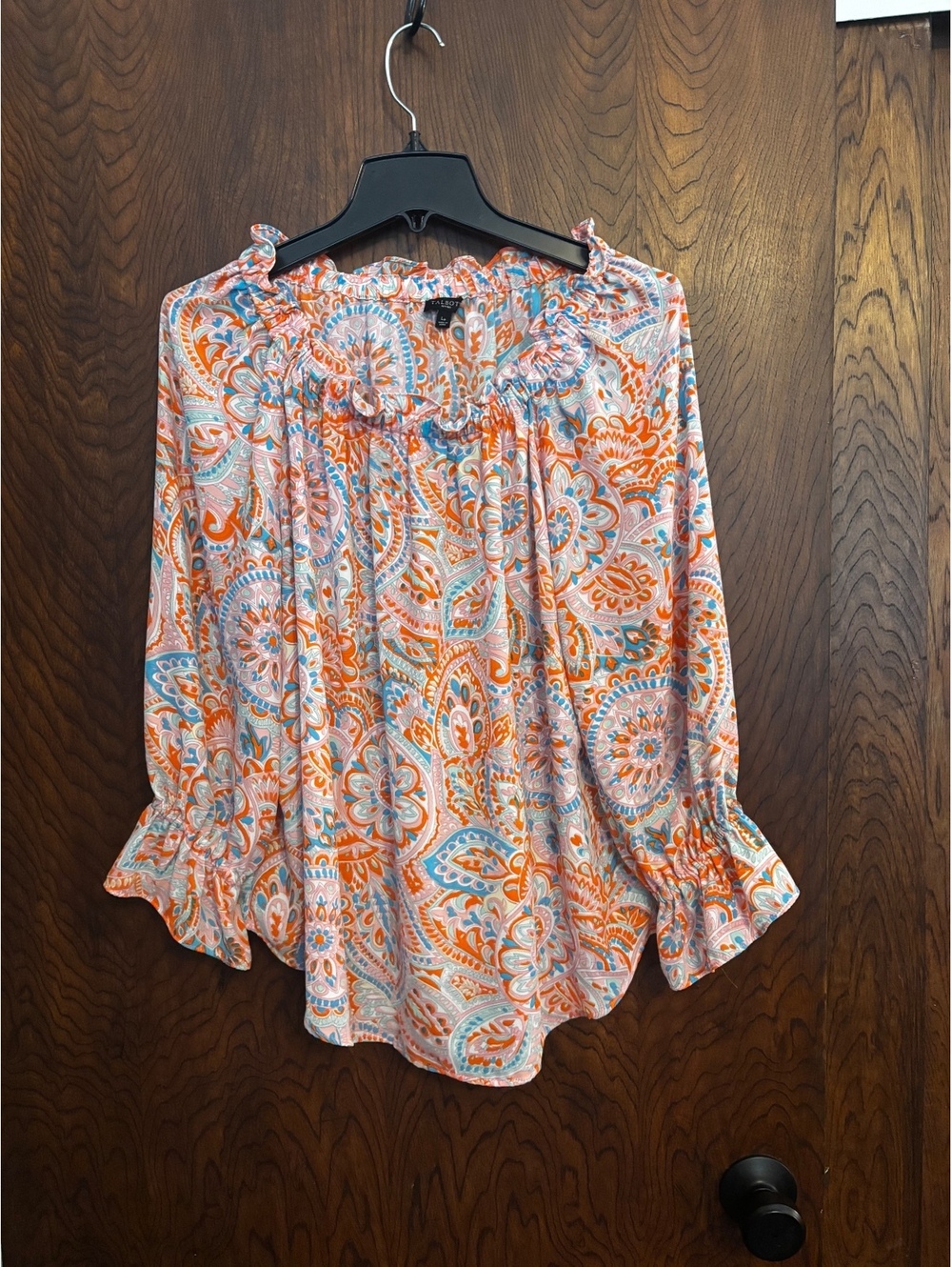 Talbots Petites Large Long Sleeve Paisley Blouse in Orange and Blue, Size LP